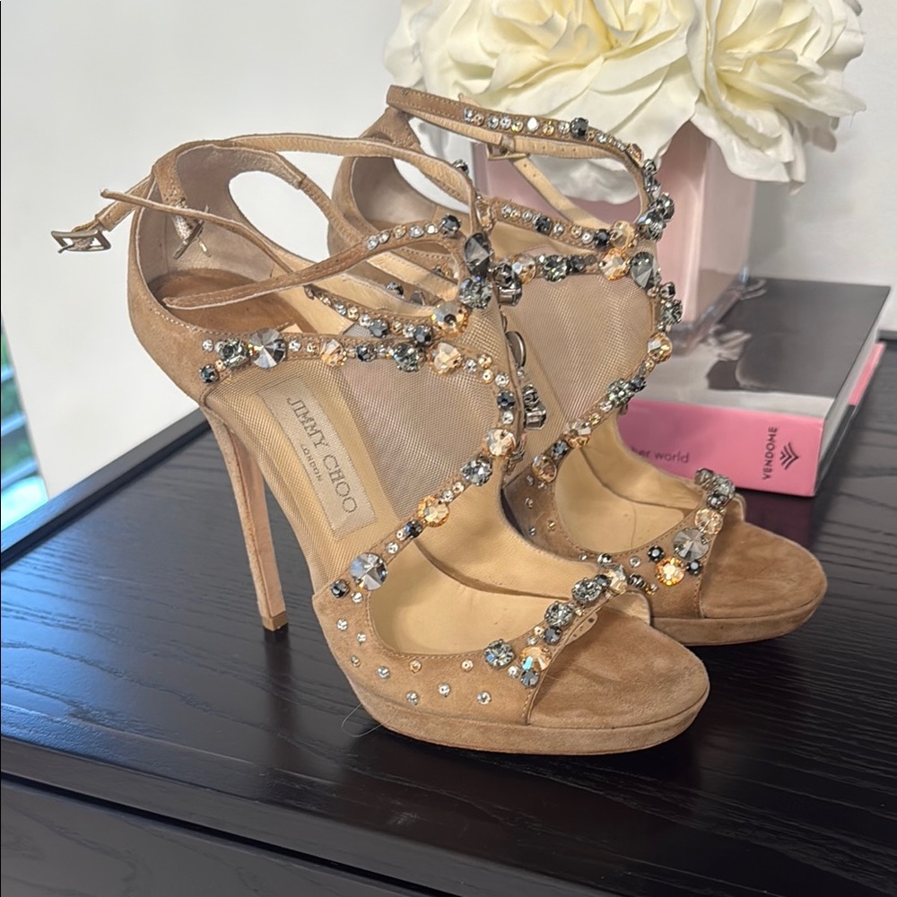 Jimmy Choo Tan Crystal Embellished Heels